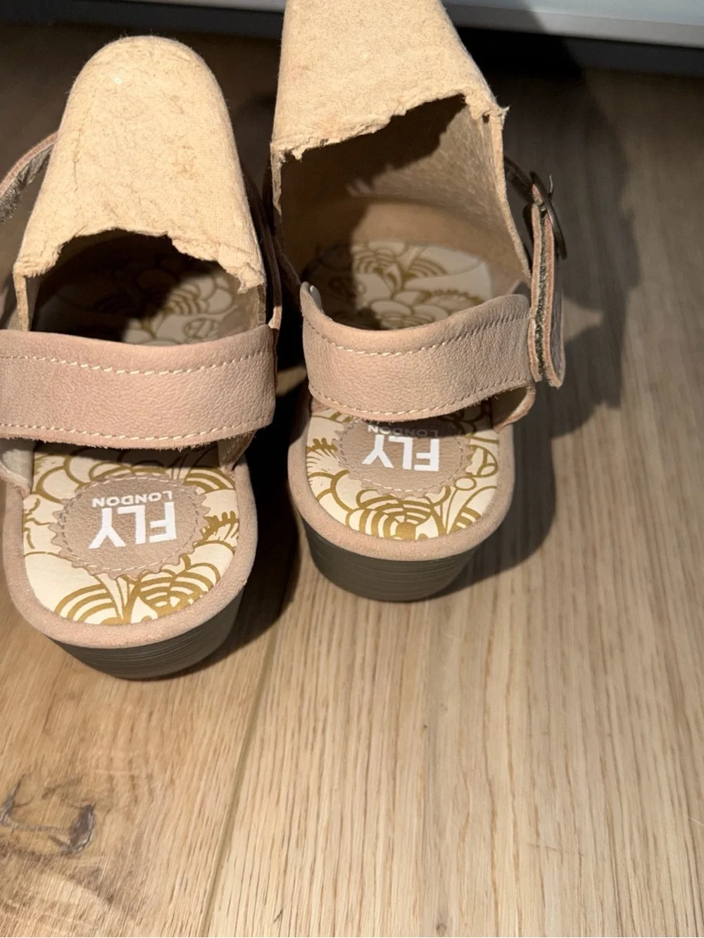 Fly London Yesh Neutral Tan Wedge Sandals with Adjustable Ankle Strap